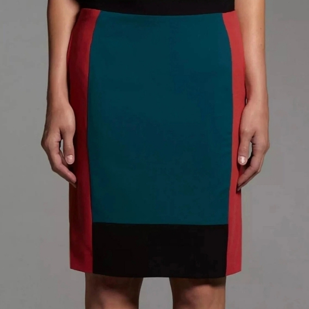 Narciso Rodriguez Pencil Skirt Sz 12 Lined Teal Black Coral Knee Length